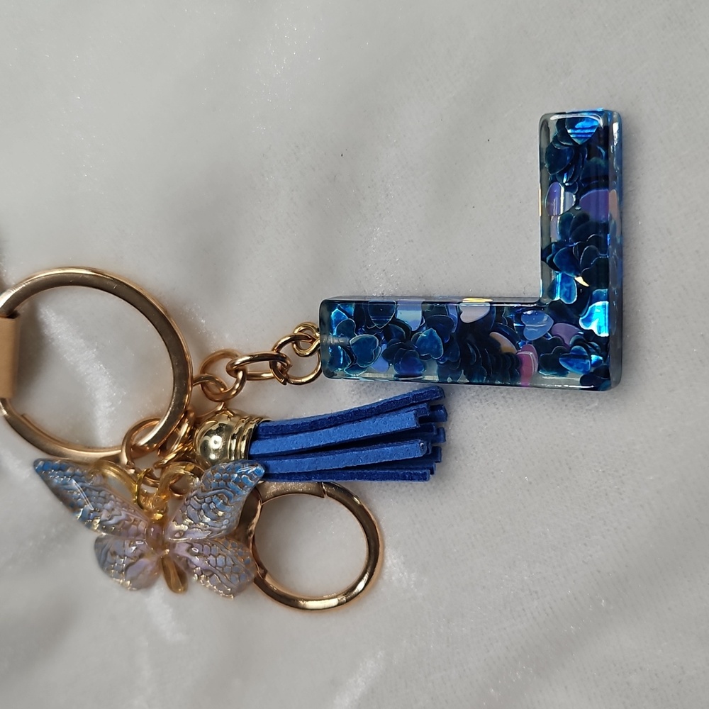 Initial Letter "L" Blue Butterfly Resin Keychain Purse Charm Handbag Charm NWOT - Picture 2 of 4
